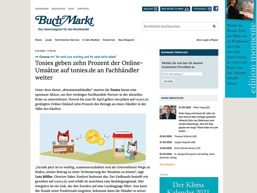 Artikel über die #meintoniehändler Kampagne auf Buchmarkt.de