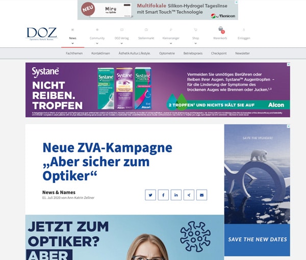 ZVA - "Aber sicher zum Optiker"-Kampagne, Artikel bei der DOZ