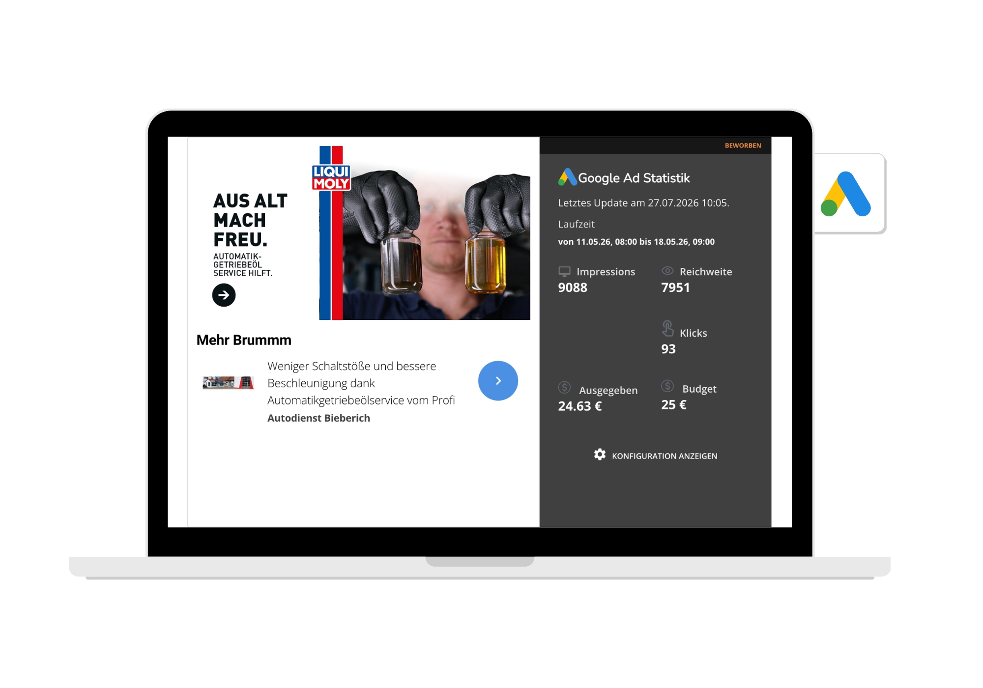 "Google Ads Statistik von Autodienst Bieberich zur LIQUI MOLY-Kampagne: 7.951 Reichweite bei 93 Klicks und 24,63 € Ausgaben."