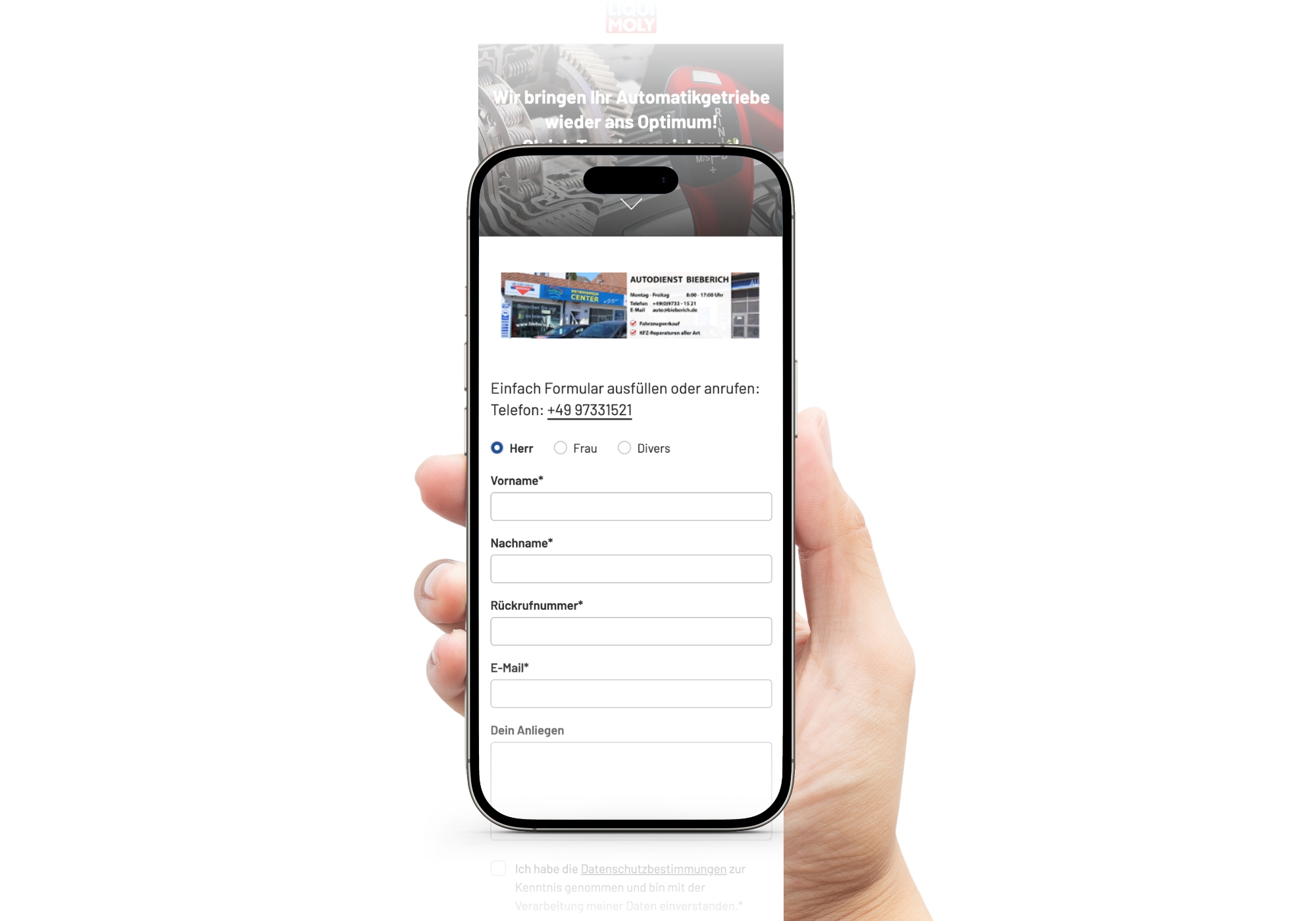 "Mobile Landingpage der LIQUI MOLY-Kampagne für Autodienst Bieberich."