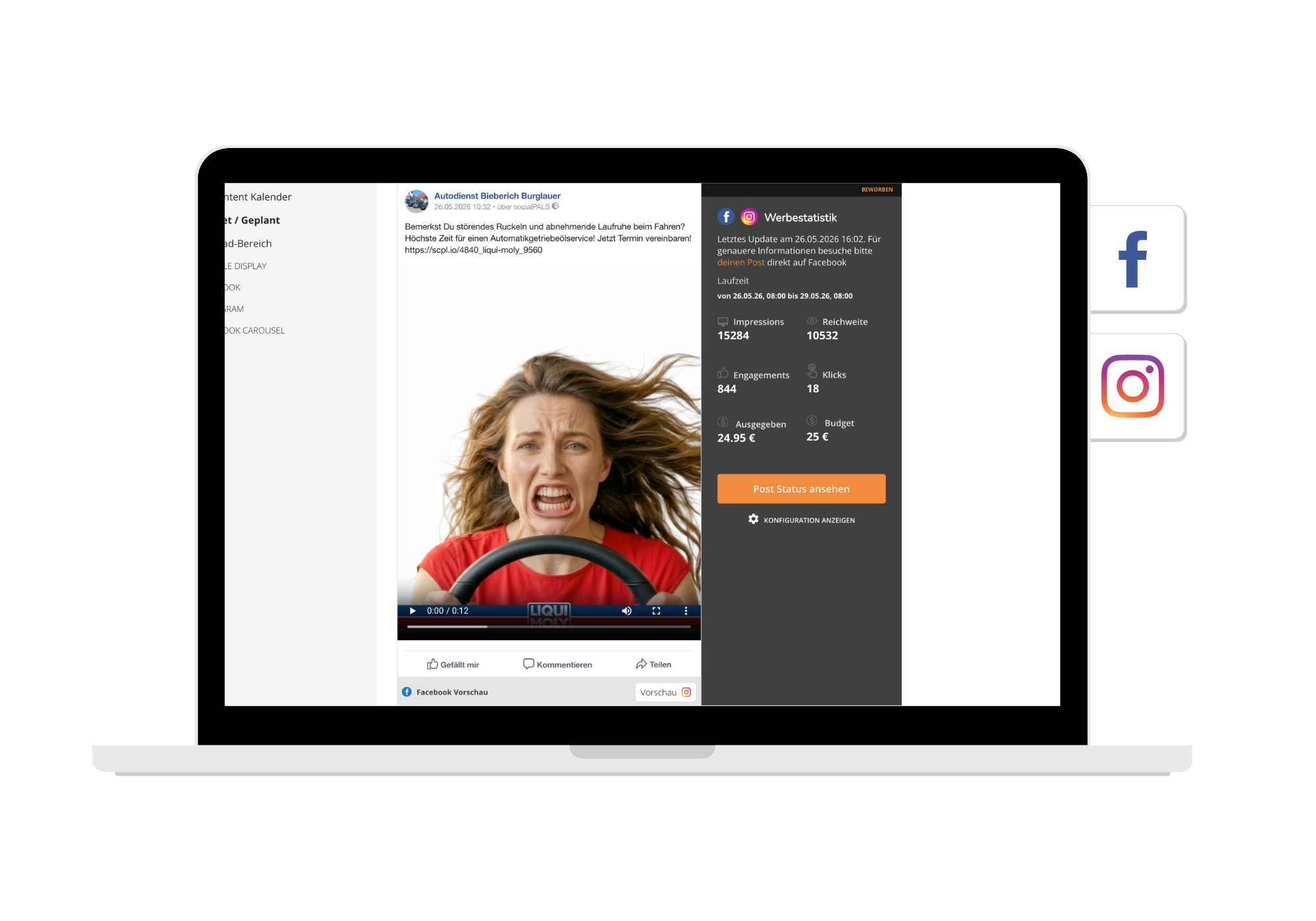 "Facebook- und Instagram-Werbestatistik von Autodienst Bieberich Burglauer zur LIQUI MOLY-Kampagne: 10.532 Reichweite bei 844 Engagements und 24,95 € Ausgaben."