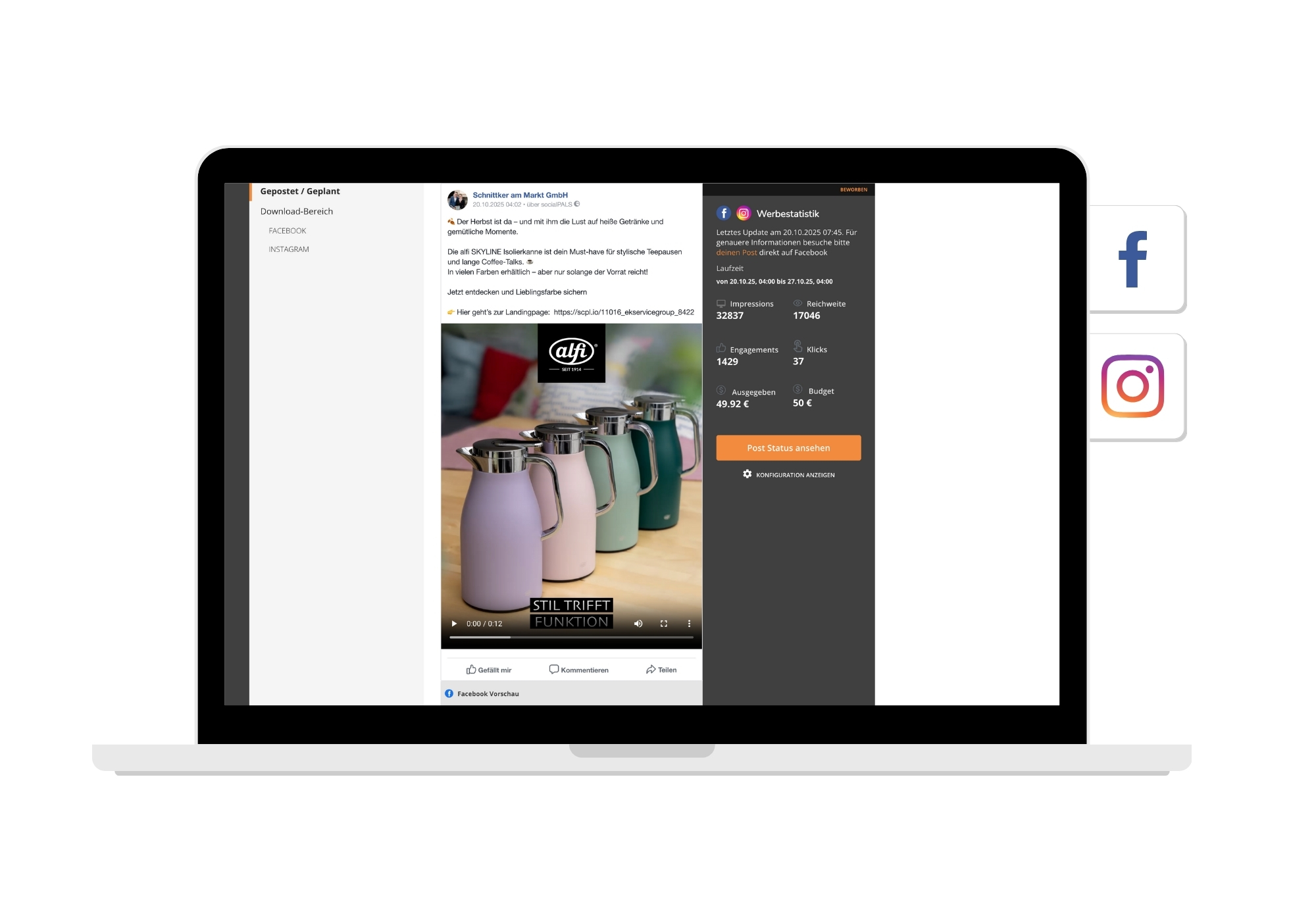 Im socialPALS Dashboard finden EK Partner ein übersichtliches Reporting für alle META Anzeigen.