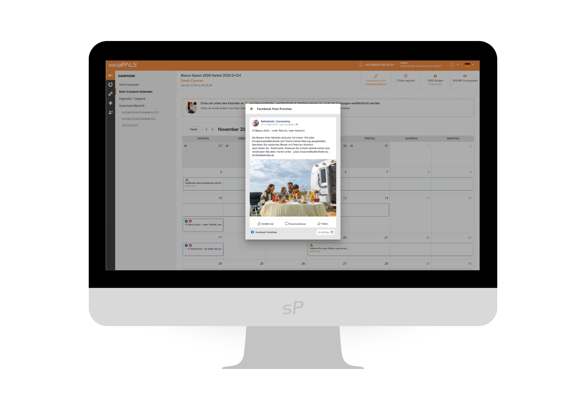 Vollautomatisierte Ausspielung der Beiträge und Werbeanzeigen über den fertigen Content Kalender bereitgestellt von Fendt-Caravan.