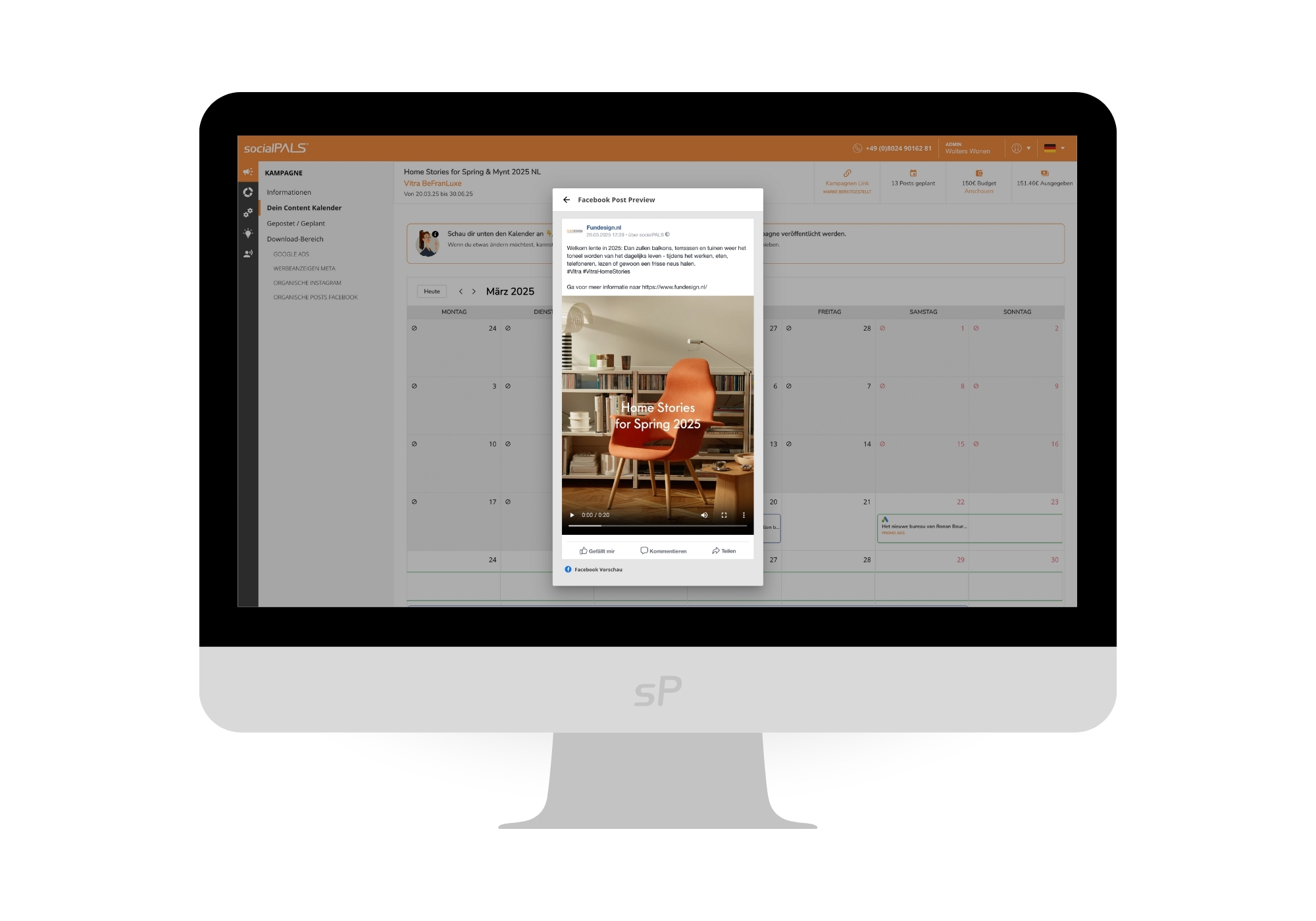 Der Content-Kalender in der socialPALS Plattform zeigt dem Händler genau, welche Beiträge wann veröffentlicht werden – inklusive Vorschau auf den fertigen Post.
