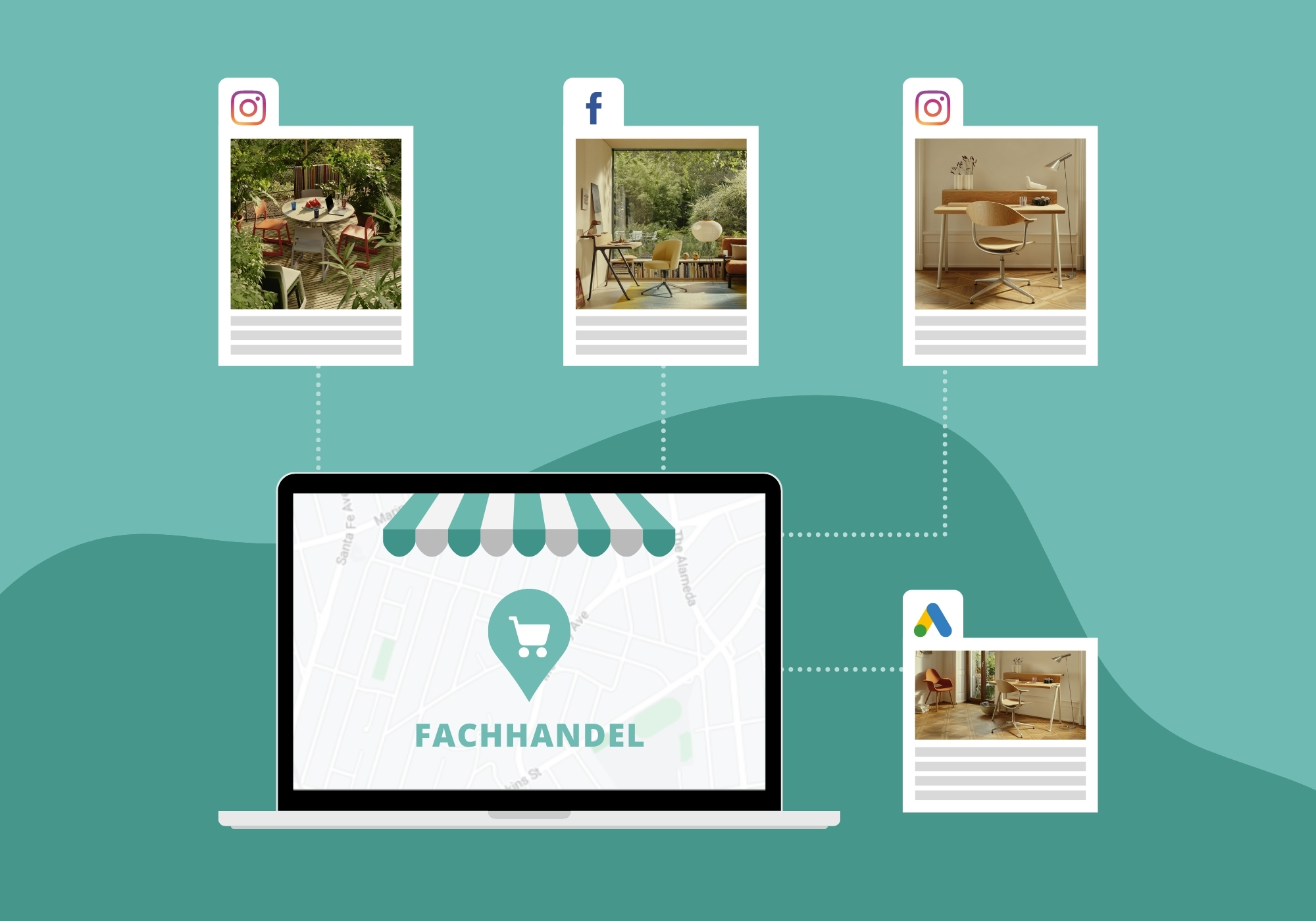 Über socialPALS spielen Vitra-Fachhändler zentral erstellte Kampagneninhalte lokal auf Instagram, Facebook und Google aus – automatisiert und in Markenqualität.
