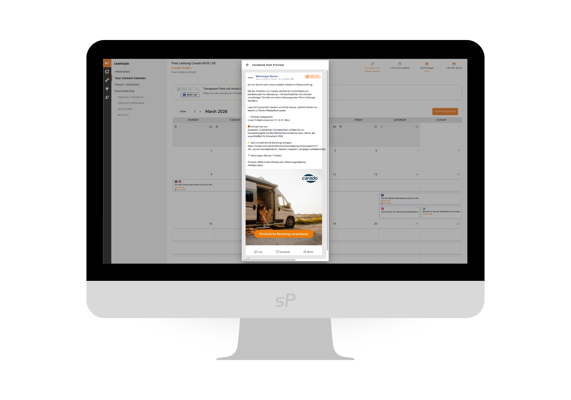 "Content calendar of the Carado campaign with Facebook post preview for Wohnwagen Becker."