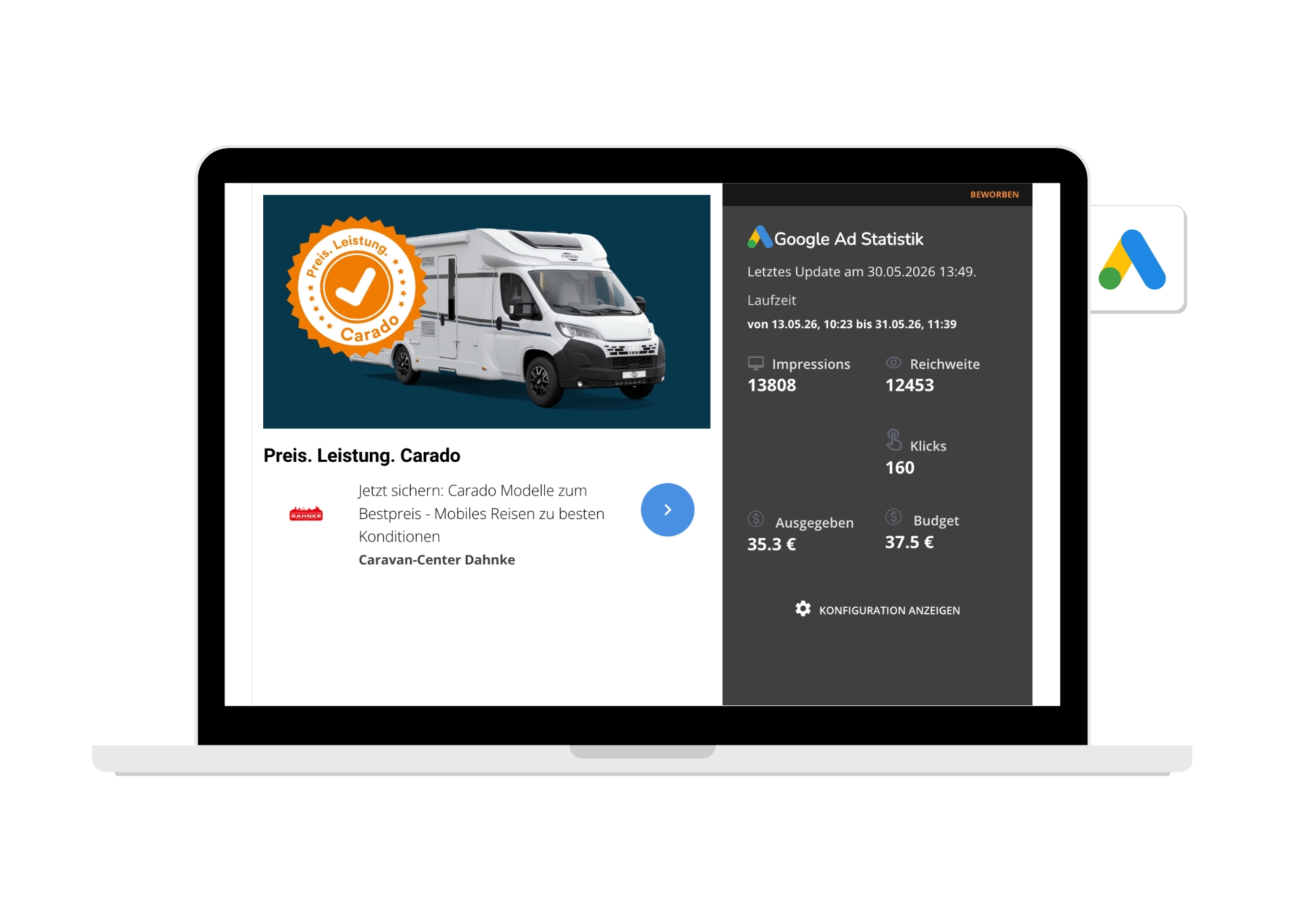 „Google Ads Statistik von Caravan-Center Dahnke zur Carado-Kampagne: 12.453 Reichweite, 160 Klicks, 35,30 € ausgegeben von 37,50 € Budget."