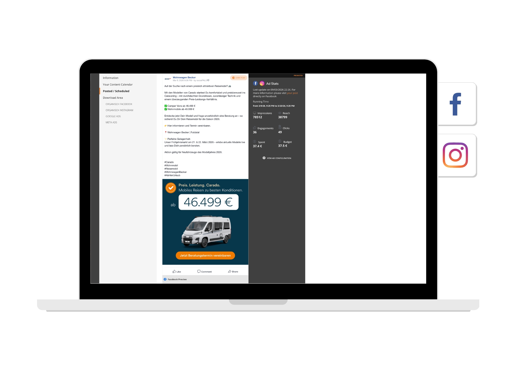 "Content calendar and ad statistics for the Carado campaign for Wohnwagen Becker: 38,799 reach with 49 clicks and €37.40 in spend."
